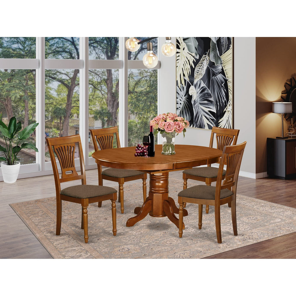 East West Furniture AVPL5-SBR-C Avon 5 Piece Set Includes an Oval Dining Room Table with Butterfly Leaf and 4 Linen Fabric Upholstered Kitchen Chairs, 42x60 Inch
