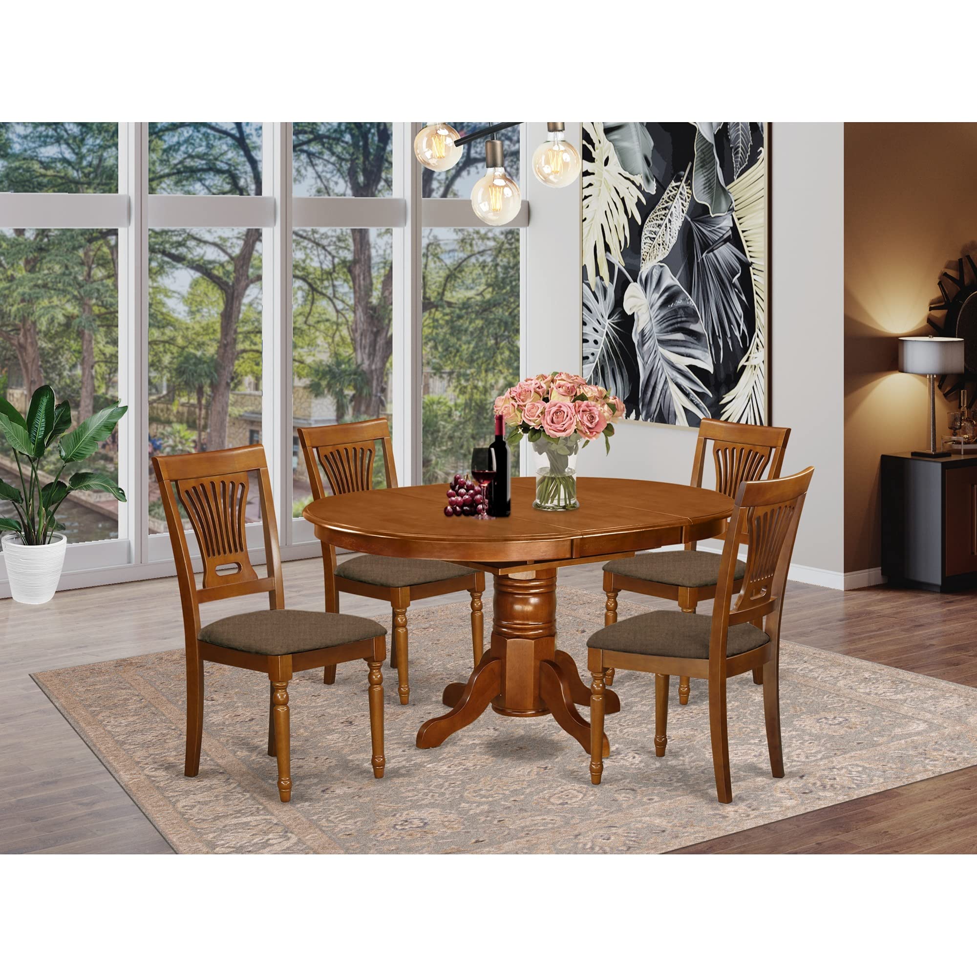 East West Furniture AVPL5-SBR-C Avon 5 Piece Set Includes an Oval Dining Room Table with Butterfly Leaf and 4 Linen Fabric Upholstered Kitchen Chairs, 42x60 Inch