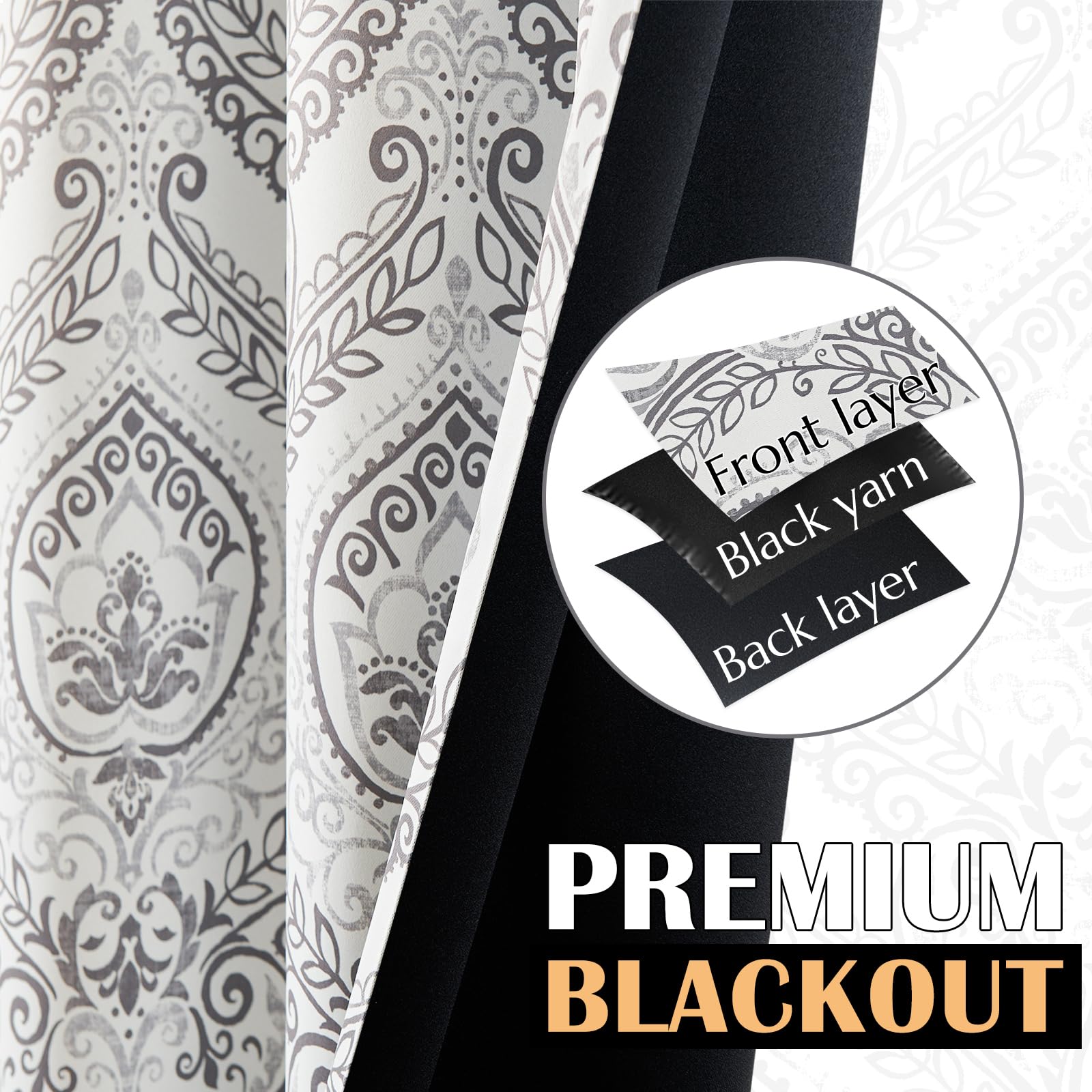 Jinchan 100% Blackout Curtains 108 Inch Length 2 Panels Grey Damask Medallion Window Curtains For Bedroom Extra Long Grommet Thermal Insulated Drapes For Living Room Vintage Window Treatments Set