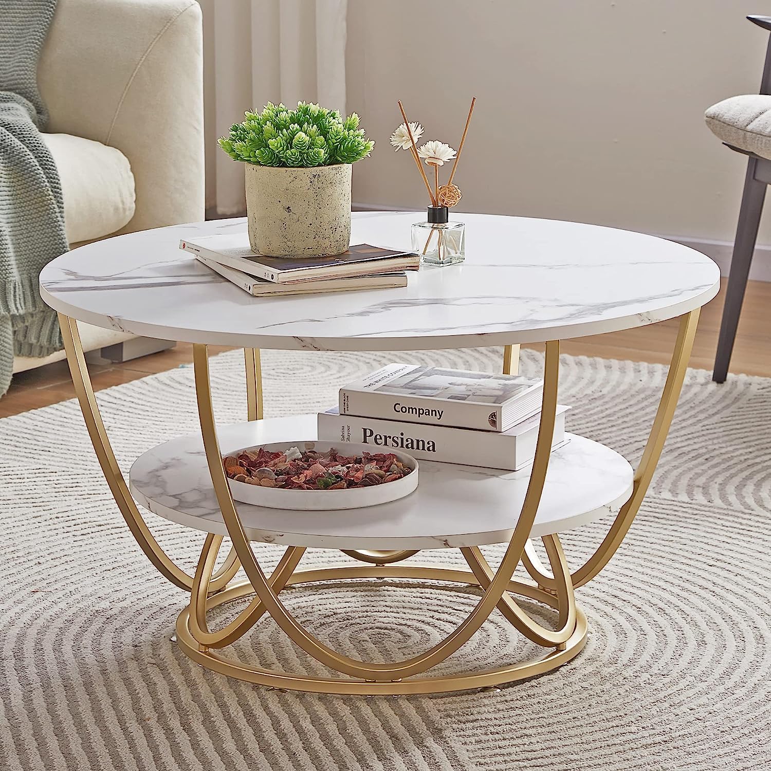OFHEQEUWIN Round Coffee Tables Accent Center Table Sofa Side Tea Table with 2Tier Storage for Living Room Office Desk Balcony W