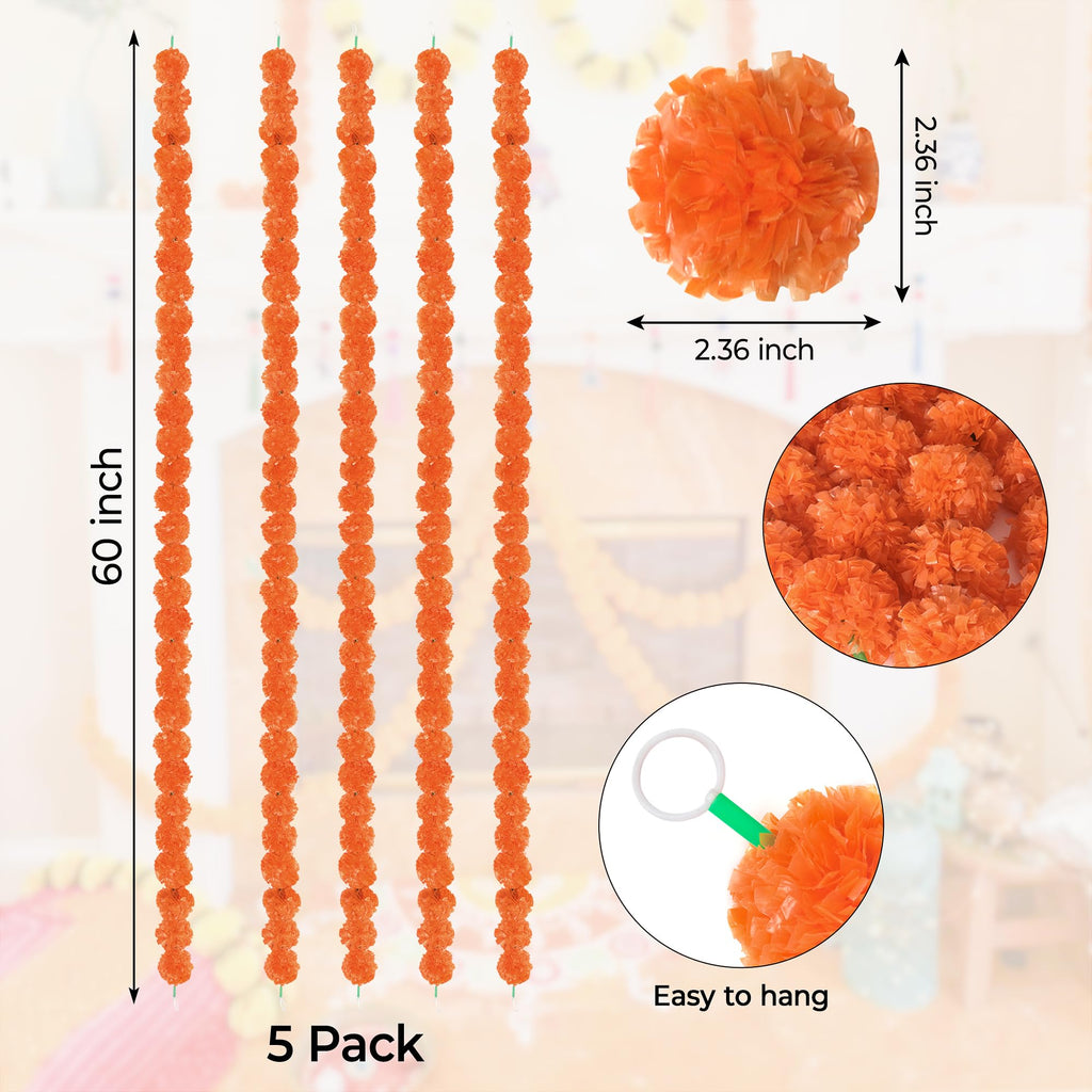 5Pcs Marigold Garland For Decoration, 5 Feet Artificial Marigold Flowers Diwali Decorations For Home, Orange Artificial Marigold