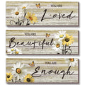ONIZHITY 3 Pcs Yellow Bathroom Decor Yellow Daisy Floral Wooden Wall Decor Positive Quotes You Are Beautiful Wall Art Inspiratio