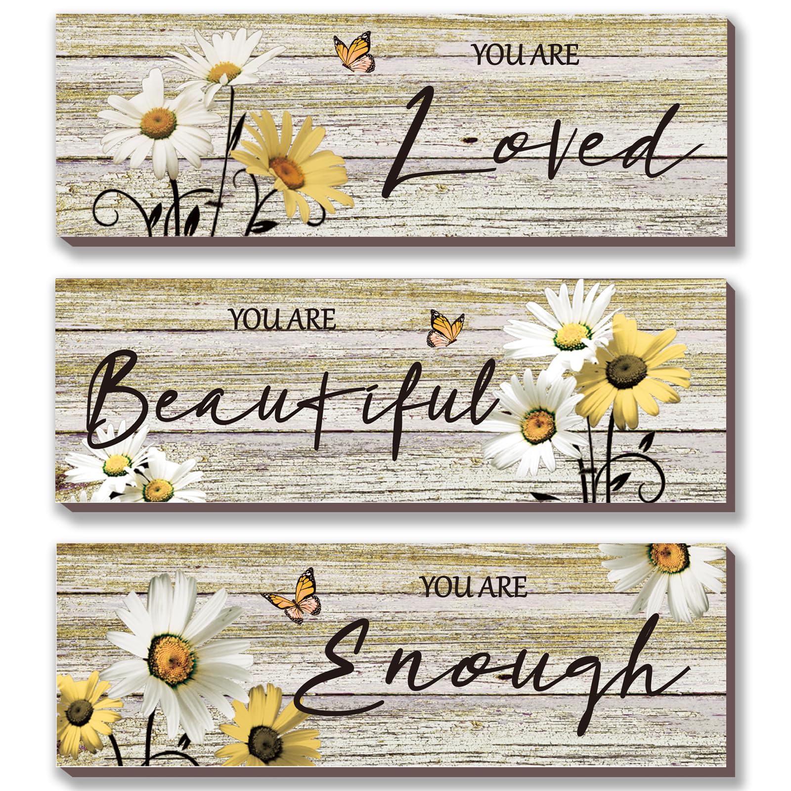 ONIZHITY 3 Pcs Yellow Bathroom Decor Yellow Daisy Floral Wooden Wall Decor Positive Quotes You Are Beautiful Wall Art Inspiratio