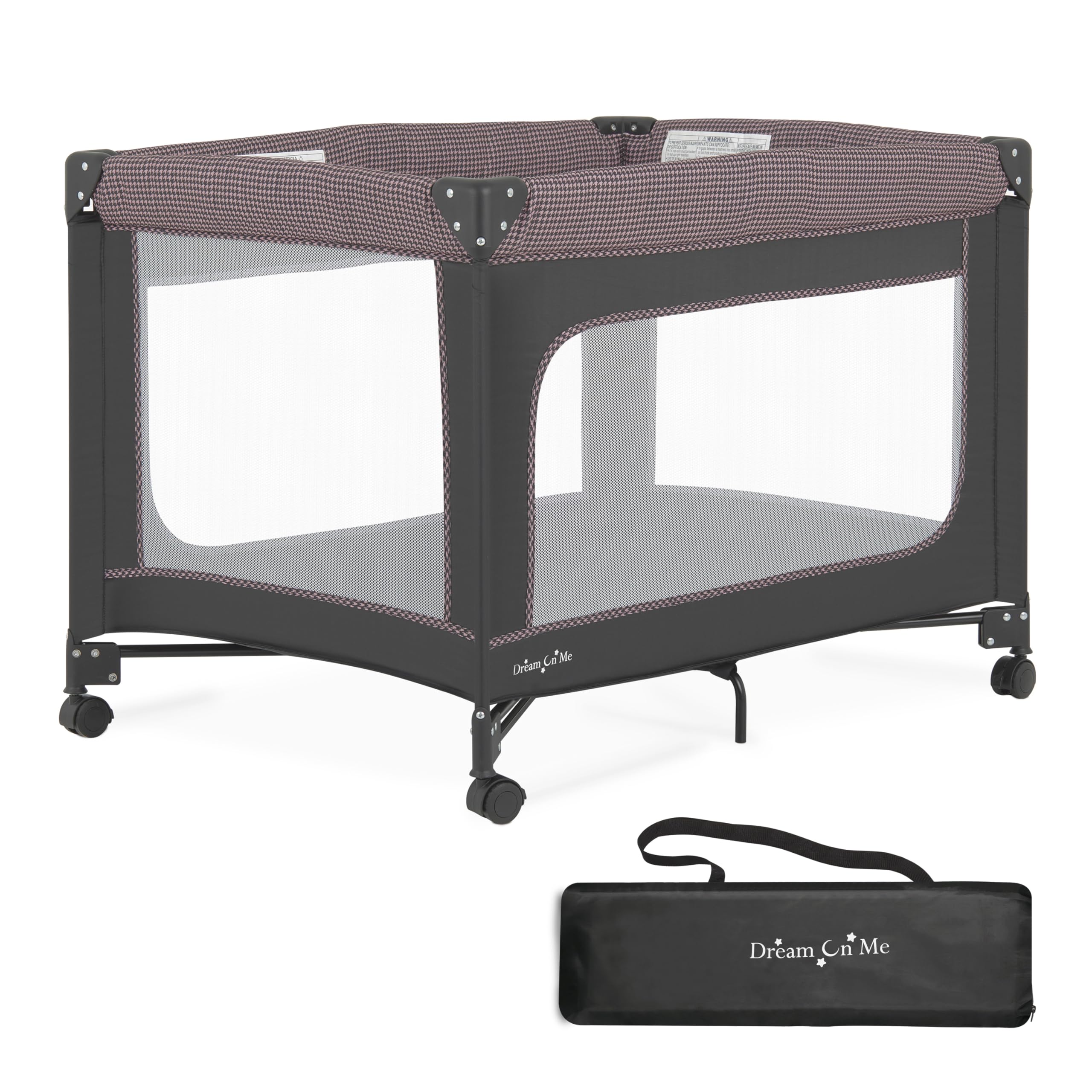 Dream On Me EZGo Portable Playard in Pink & Black, Compact Easy to Fold and Travel Baby Playard, Breathable Mesh Sides, Carry Ba