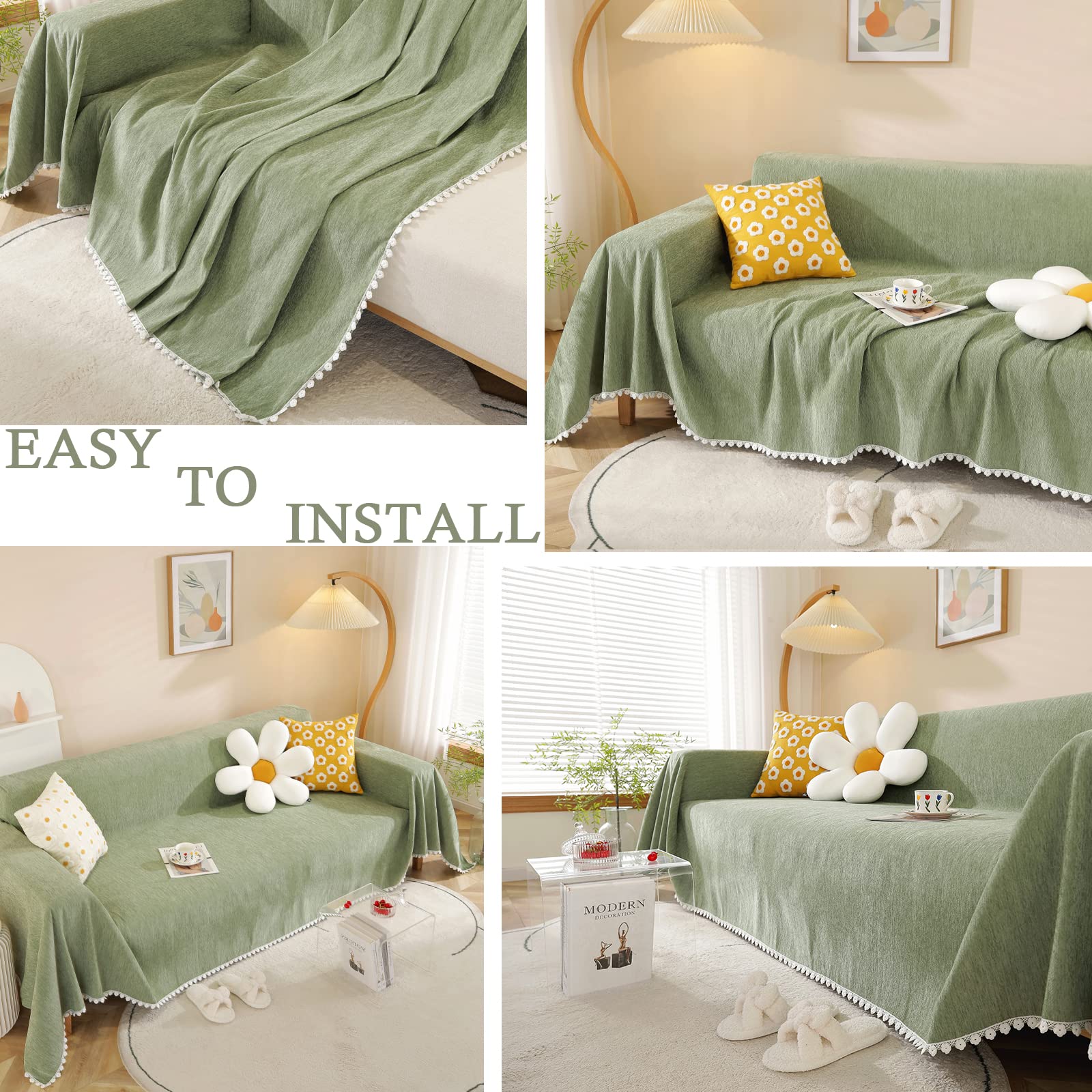 Handontime Couch Cover, Sofa Covers, Sage Couch Cushion Cover Dog Furniture Protector For Living Room Chenille Couch Throw Cover Soft Thick Machine Washable Throw Blankets Sofa Slipcovers, 71' X134'