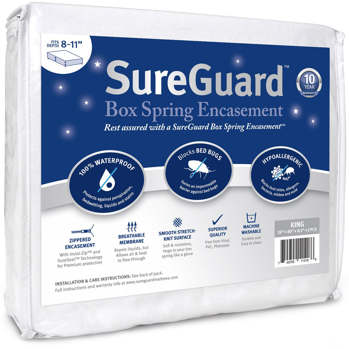 Split King Size Sureguard Box Spring Encasement Pack - 100% Waterproof, Bed Bug Proof, Hypoallergenic - Premium Zippered Six-Sid