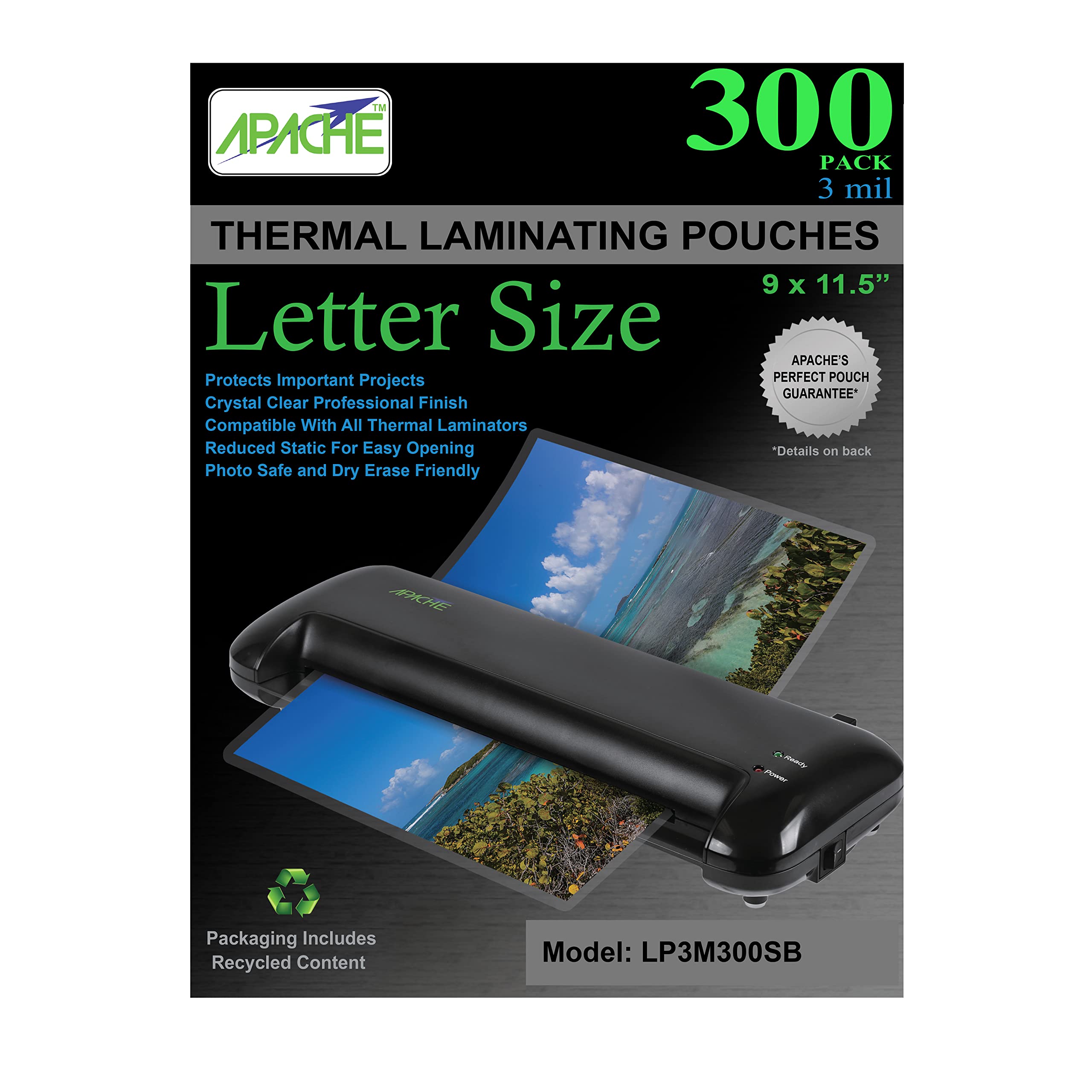 Apache Laminating Pouches 3 Mil, For 8.5 X 11 Inch Letter Size Paper 9 X 11.5 Inch Sheets, 300 Pack