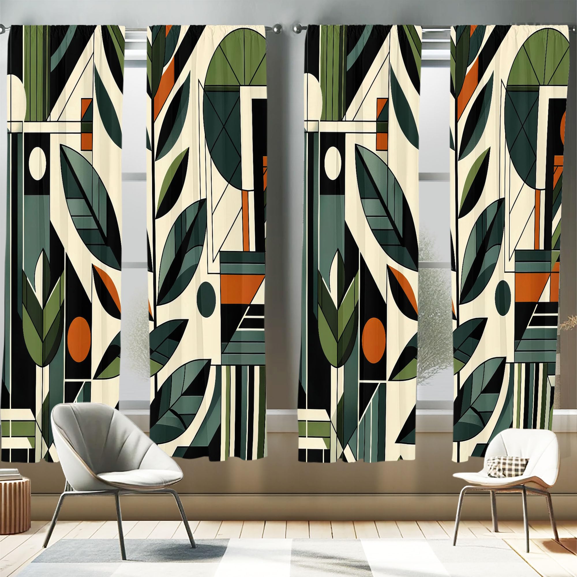 Ambesonne Mid Century Modern Window Curtains Pack of 2, Abstract Design of Futurist Boho Jungle and Geometric Leaves, Lightweigh