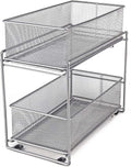 Bremoon 2 Tier Sliding Basket Stackable Cabinet PullOut Drawer Mesh Organizer For Kitchen Under Sink Storage (Silver)