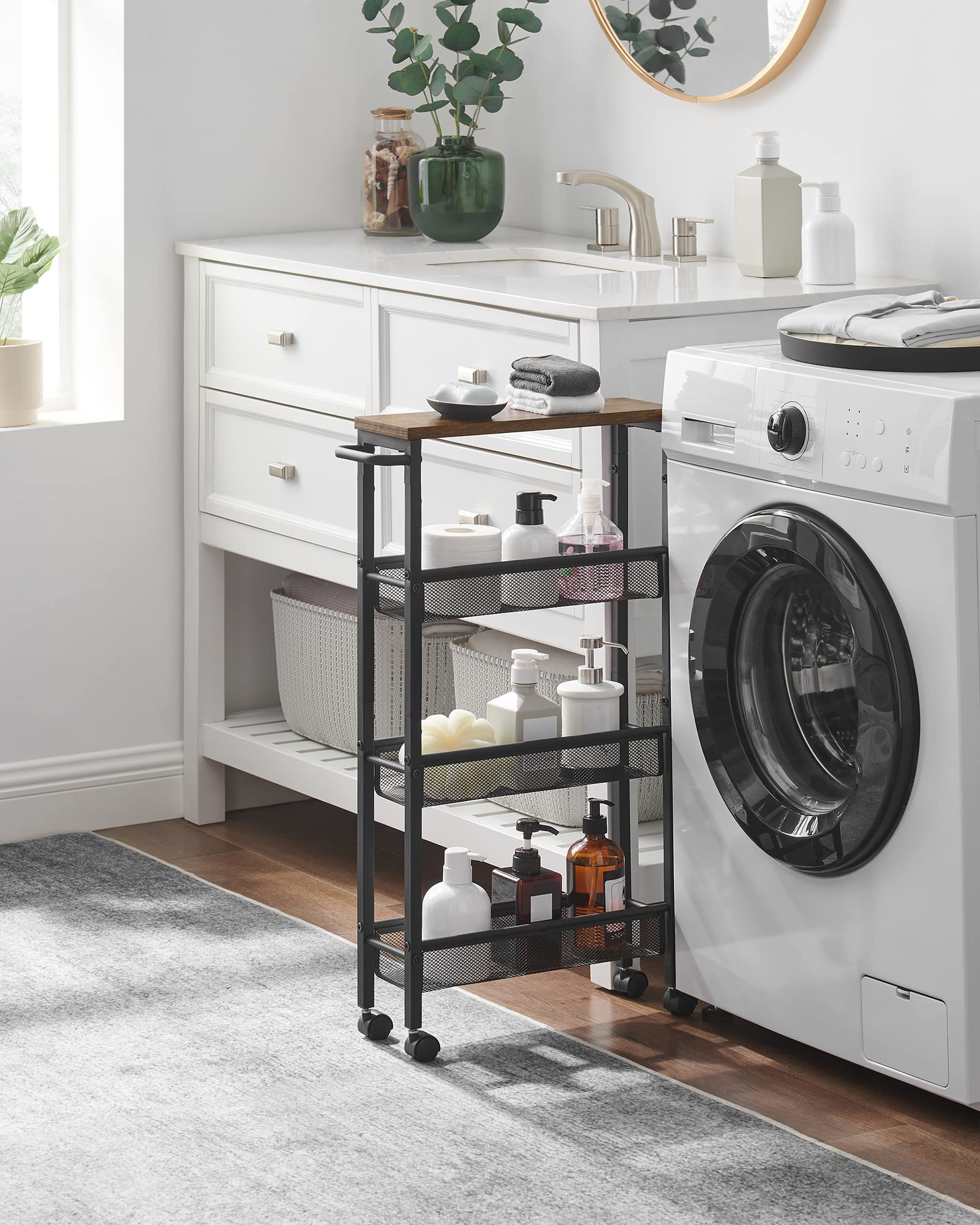 Vasagle Slim Rolling Cart, 4-Tier Storage Cart, Narrow Cart With Handle, 5.1 Inches Deep, Metal Frame, For Kitchen, Dining Room, Living Room, Home Office, Rustic Brown And Classic Black Ulrc032B01V1