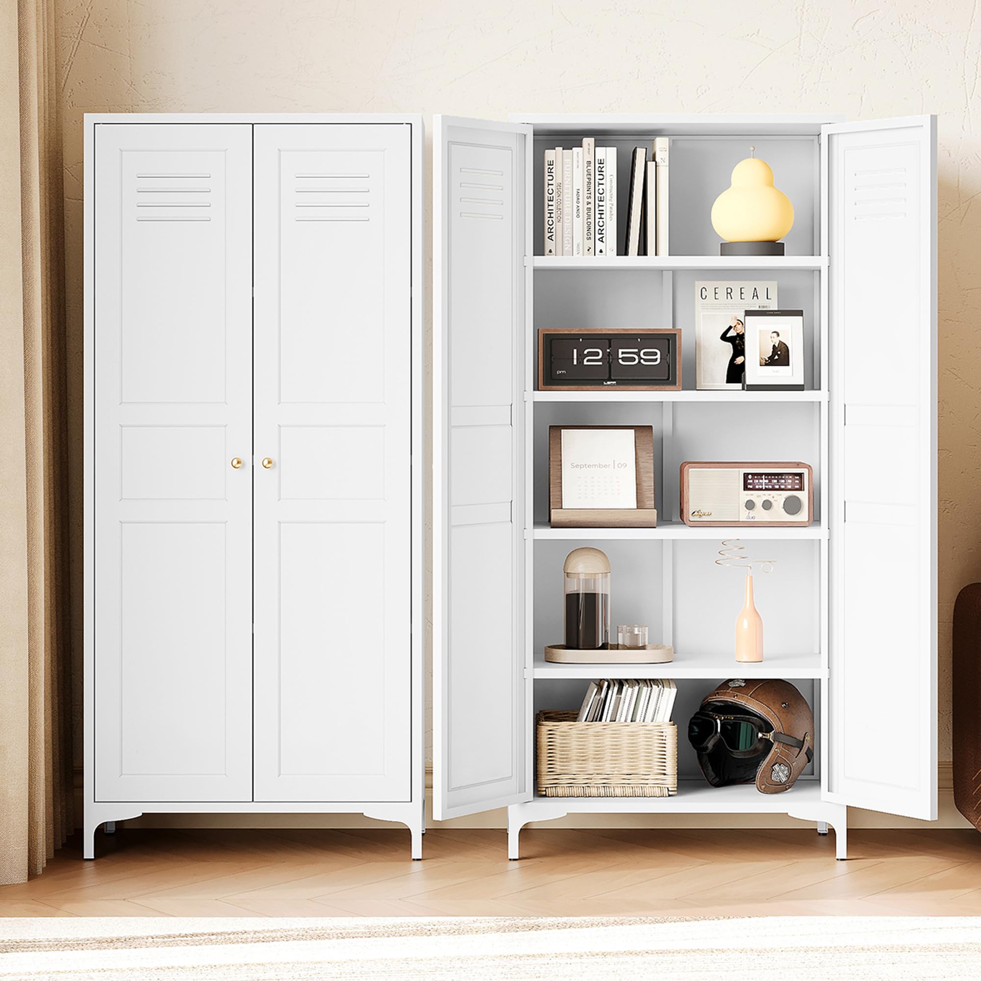 Letaya White Storage Cabinet with Feets-Metal Home Kitchen Pantry Cabinets with Doors and Adjustable Shelves,Organization Locker