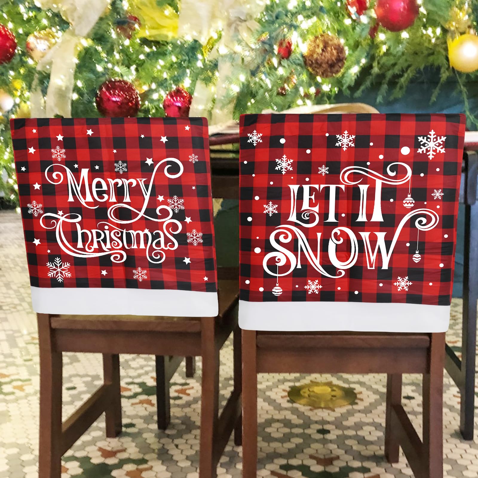 CCINEE 2pcs Christmas Chair Back Covers, Red and Black Buffalo Plaid Chair Slipcovers with Snowflake Xmas Chair Chair Back Cover