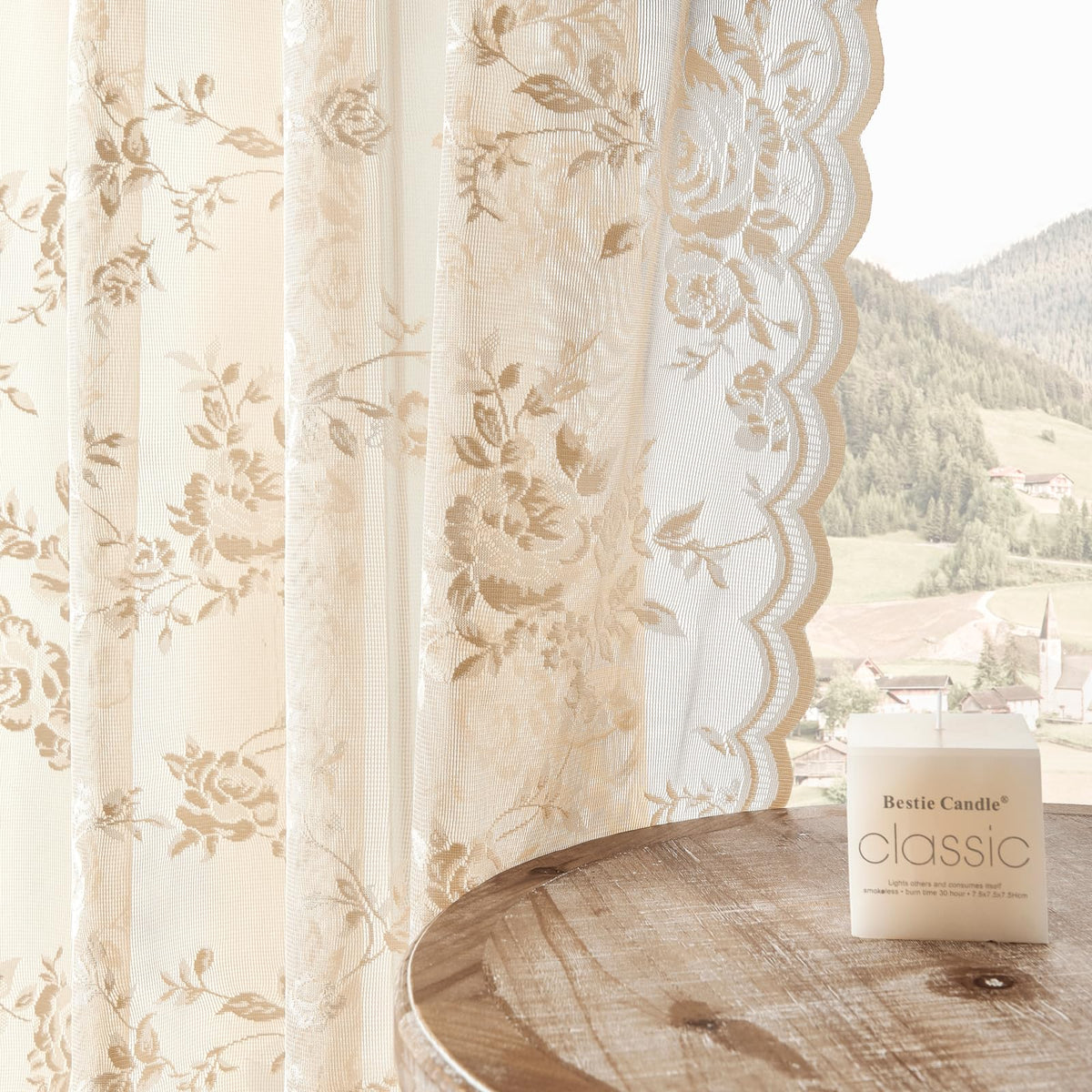 Seekright Beige Lace Sheer Curtains 63 Inch Length Country Floral Curtains For Living Room Bedroom Victorian Flower Curtains 2 P