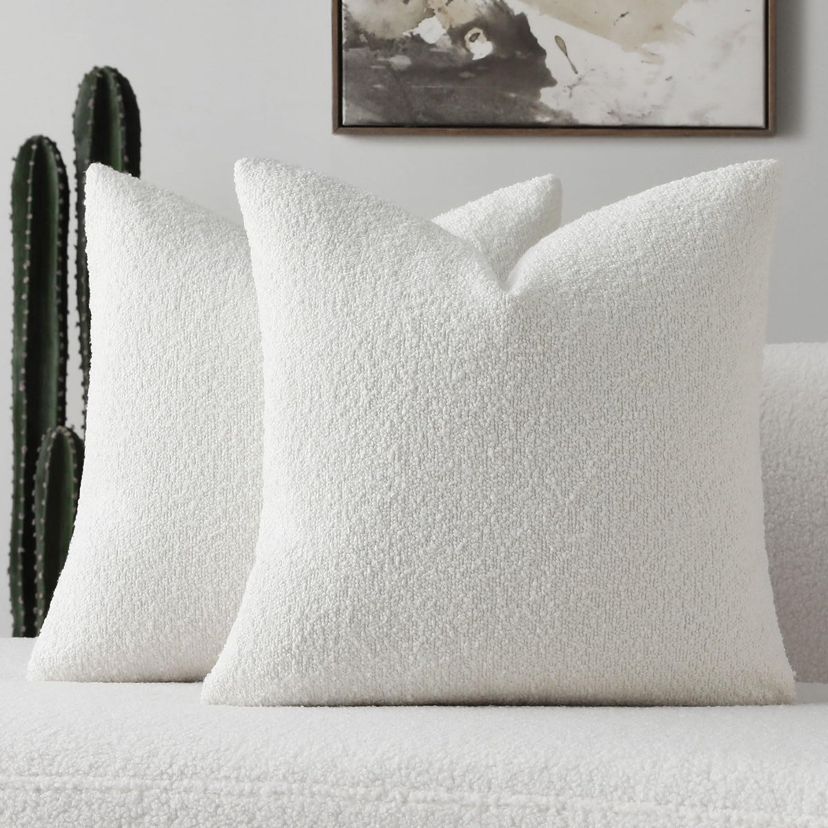 Futei Pack Of 2 Christmas White Boucle Accent Decorative Throw Pillow Covers,16X16 Inch Soft Solid Textured Cushion Case,Home De