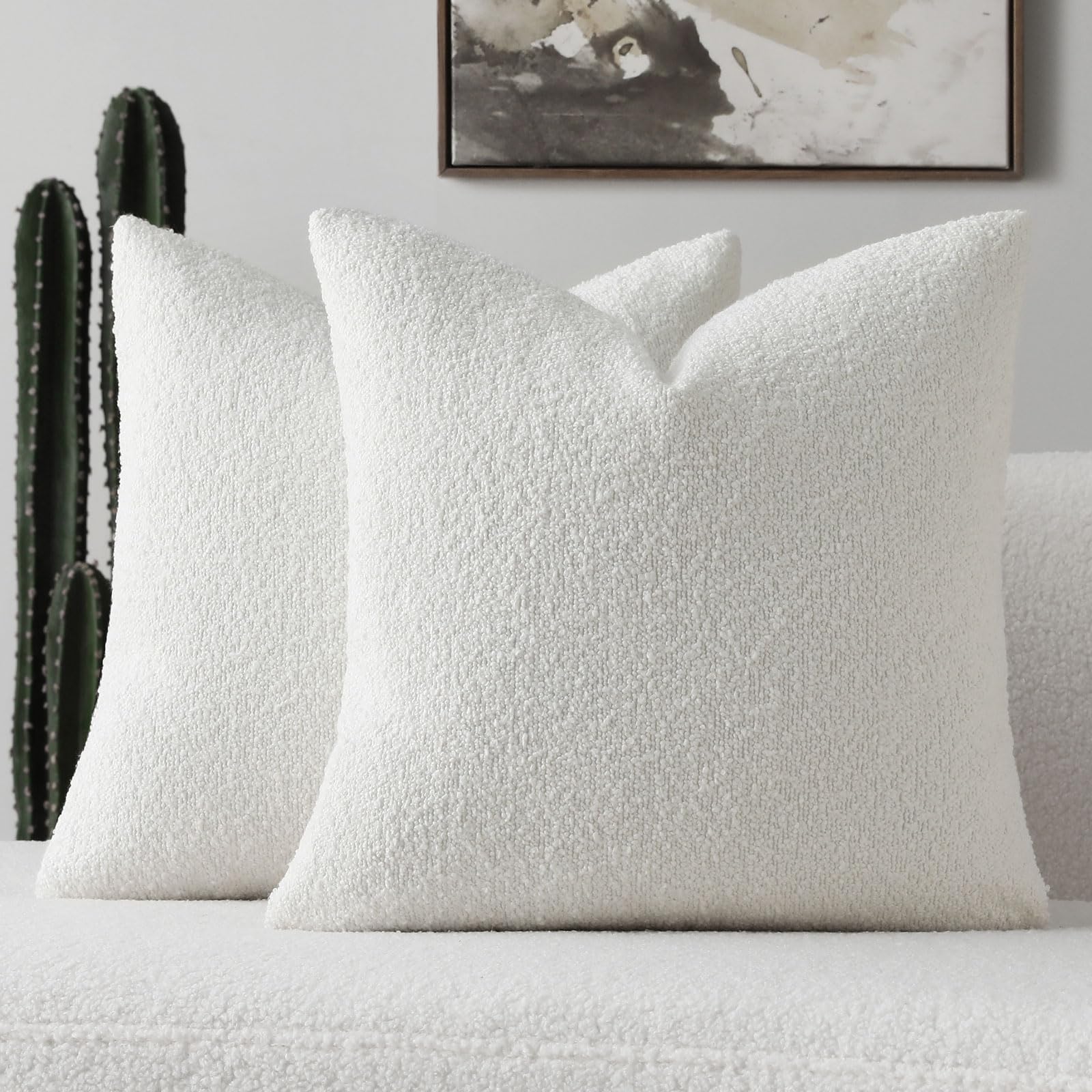 Futei Pack Of 2 Christmas White Boucle Accent Decorative Throw Pillow Covers,16X16 Inch Soft Solid Textured Cushion Case,Home De