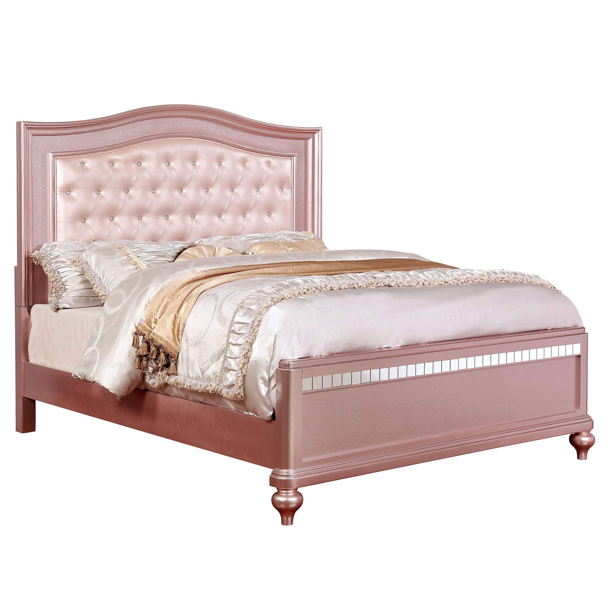 Benjara Twin Size Wooden Bed With Mirror Trim Details And Camelback Headboard, Pink