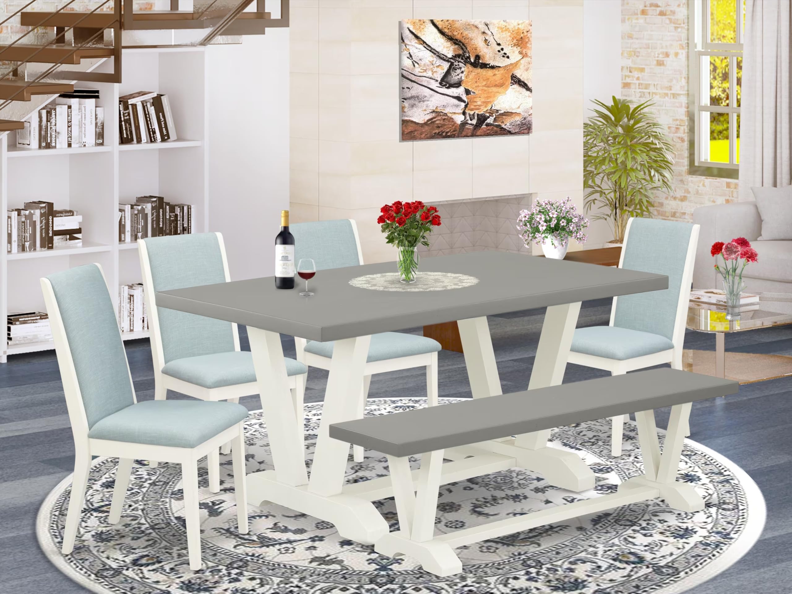 East West Furniture V096La015-6 6 Piece Dining Table Set Contains A Rectangle Dining Room Table And 4 Baby Blue Linen Fabric Upholstered Chairs With A Bench, 36X60 Inch, Multi-Color