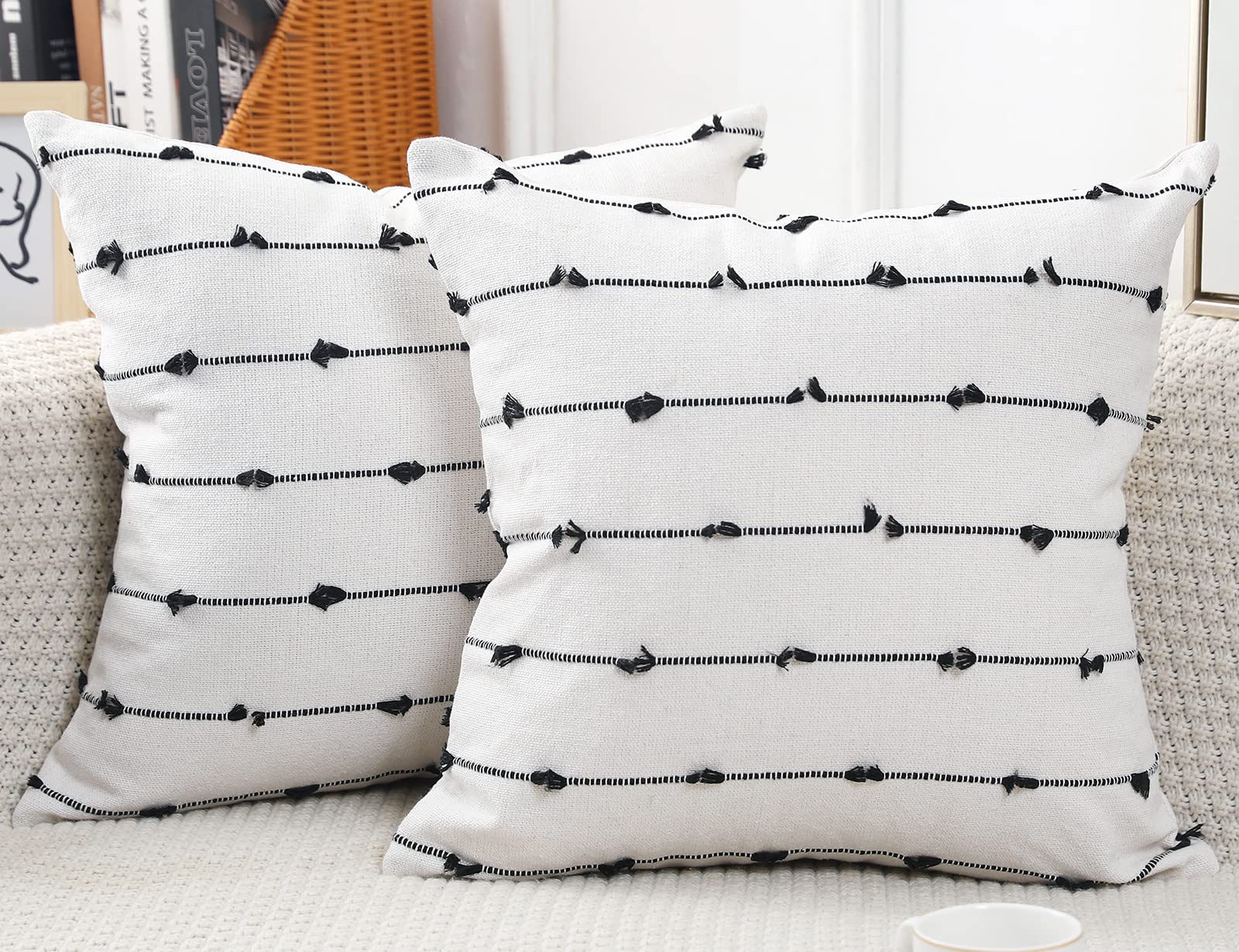 NUYECY Set of 2 Boho Throw Pillow Covers 30x30,Black Off White Neutral Couch Pillow Case with Tassel Fringe Decorative,Modern Ac