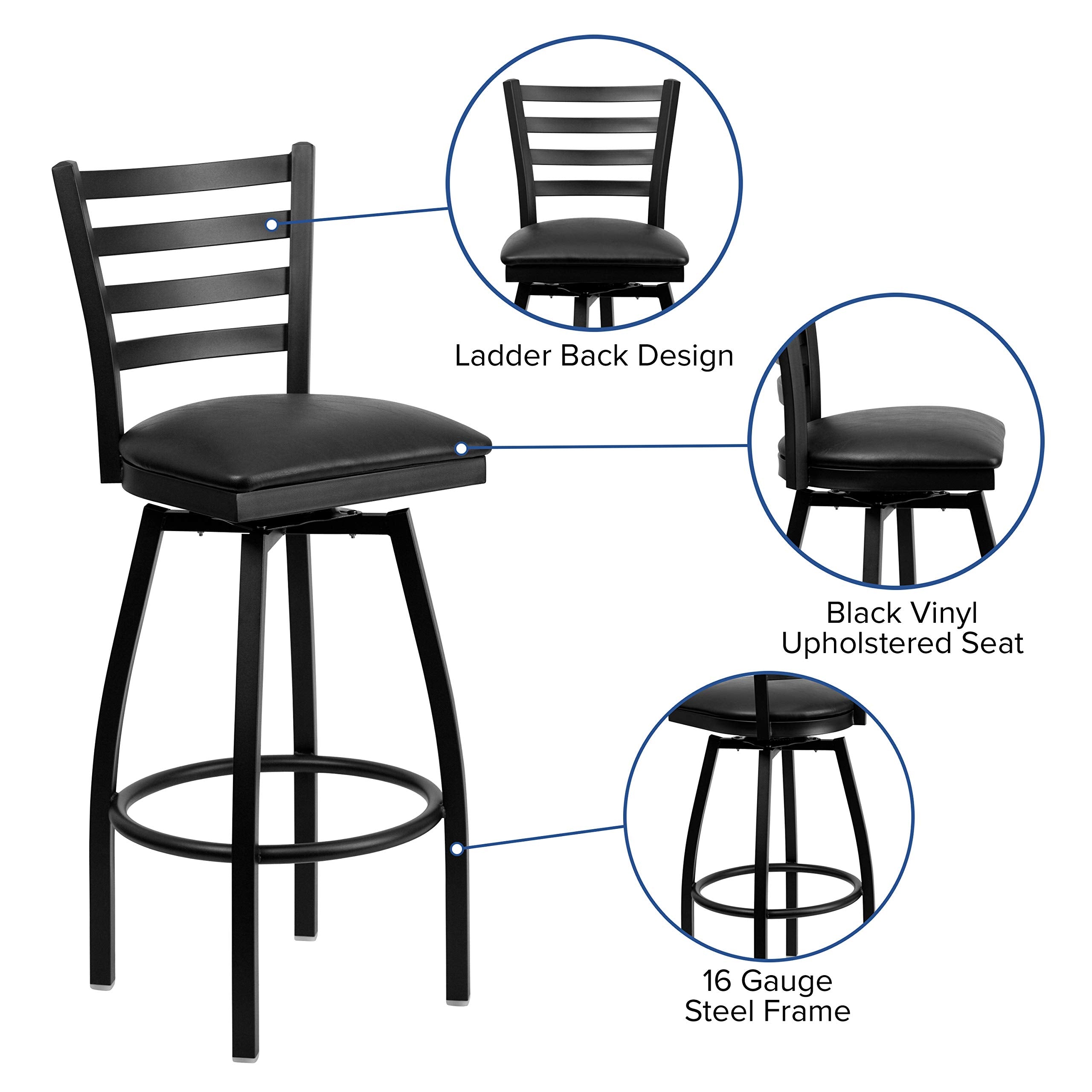Flash Furniture Hercules Series Ladder Back Swivel Barstool, Commercial Grade Modern Metal Bar Stool With Padded 360-Degree Swivel Seat, Black