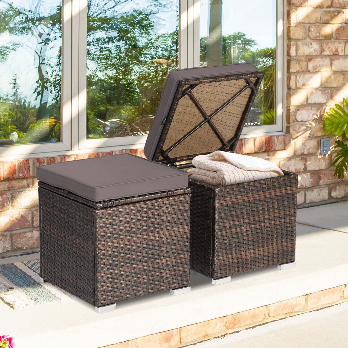 Oralner 16' Outdoor Ottoman, Set Of 2 Wicker Ottoman With Storage, All-Weather Rattan Cube Footstool W/Removable Cushions, Square Foot Rest Seating For Patio, Porch, Deck, Easy Assembly (Gray)
