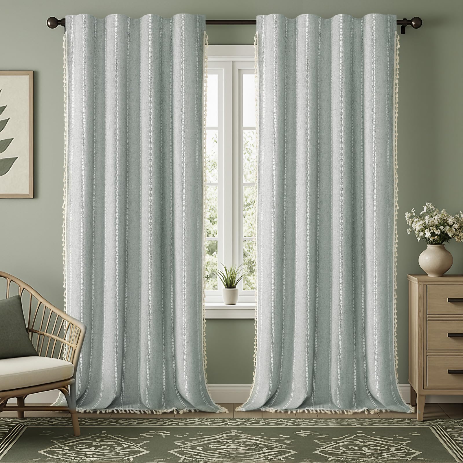 XOGUIBO Teal Boho Blackout Curtains 96 Inches Long Light Green Linen Blend 2 Panels with Tassels and Cotton Embroidery, Farmhous