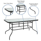 Flash Furniture Brazos Series 7-Piece Glass Patio Table And Chairs Set, Outdoor Dining Set With Table With Umbrella Hole, 6 Sling Patio Chairs, Black