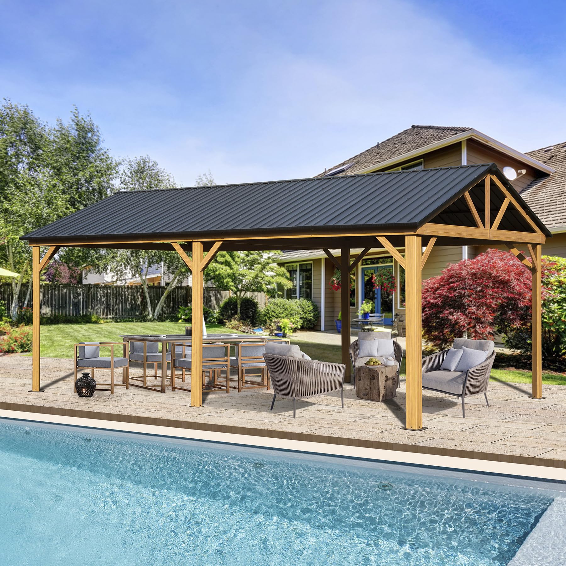 Domi 12X20Ft Hardtop Gazebo, Galvanized Steel Gable Roof Gazebo Pergola With Wood Grain Aluminum Frame, Outdoor Permanent Gazebo