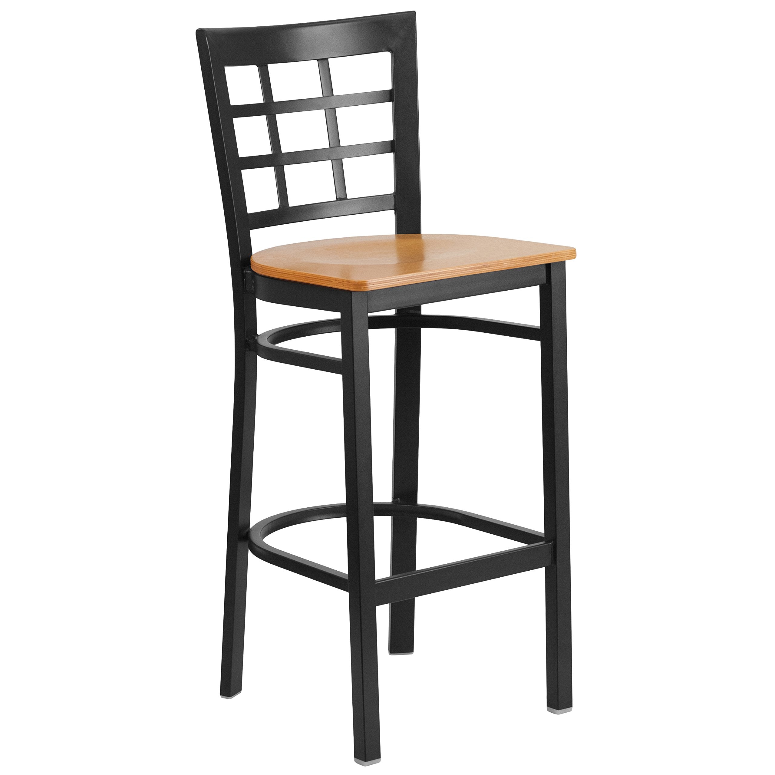 Flash Furniture HERCULES Series Black Window Back Metal Restaurant Barstool - Natural Wood Seat