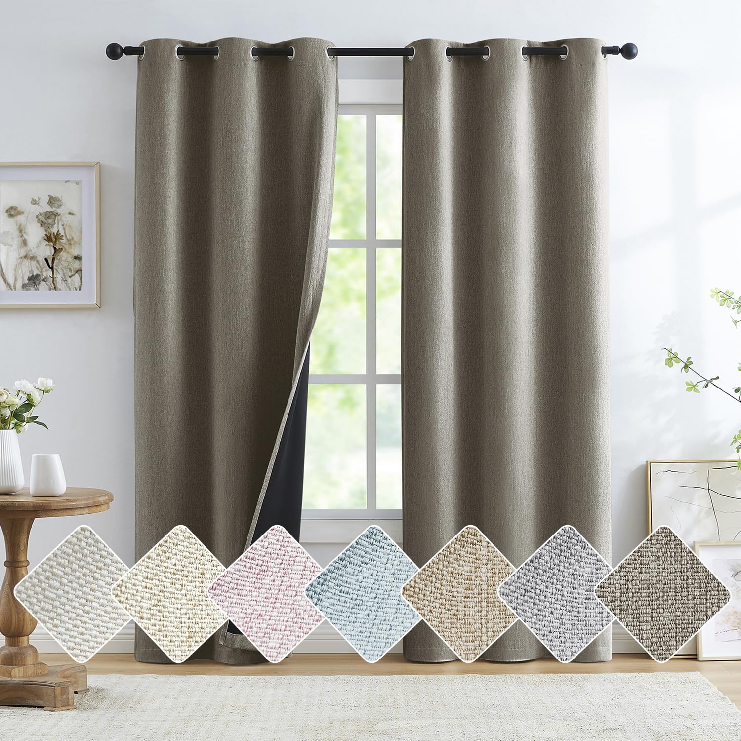Treatmentex Blackout Linen Curtains for Living Room, Grommet Top Energy Efficient Retro Burlap Linen Curtains Privacy Bedroom Dr
