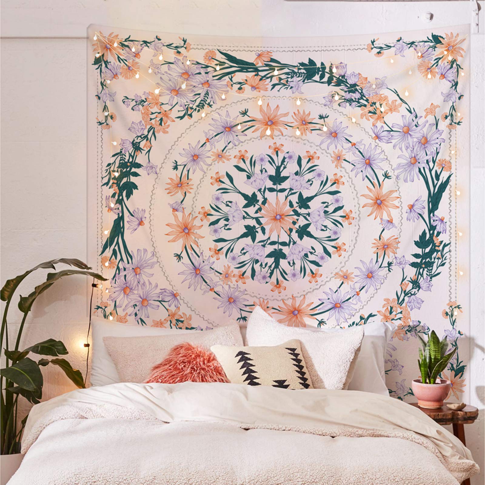 Simpkeely Mandala Floral Medallion Tapestry, Sketched Clara Flower Plant Boho Wall Hanging, Bohemian Hippie Tapestries For Bedro