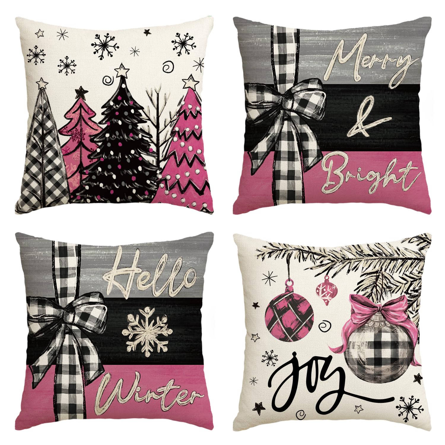 Avoin Colorlife Merry Christmas Joy Xmas Trees Pink Throw Pillow Covers, 18 X 18 Inch Christmas Winter Holiday Cushion Case Deco