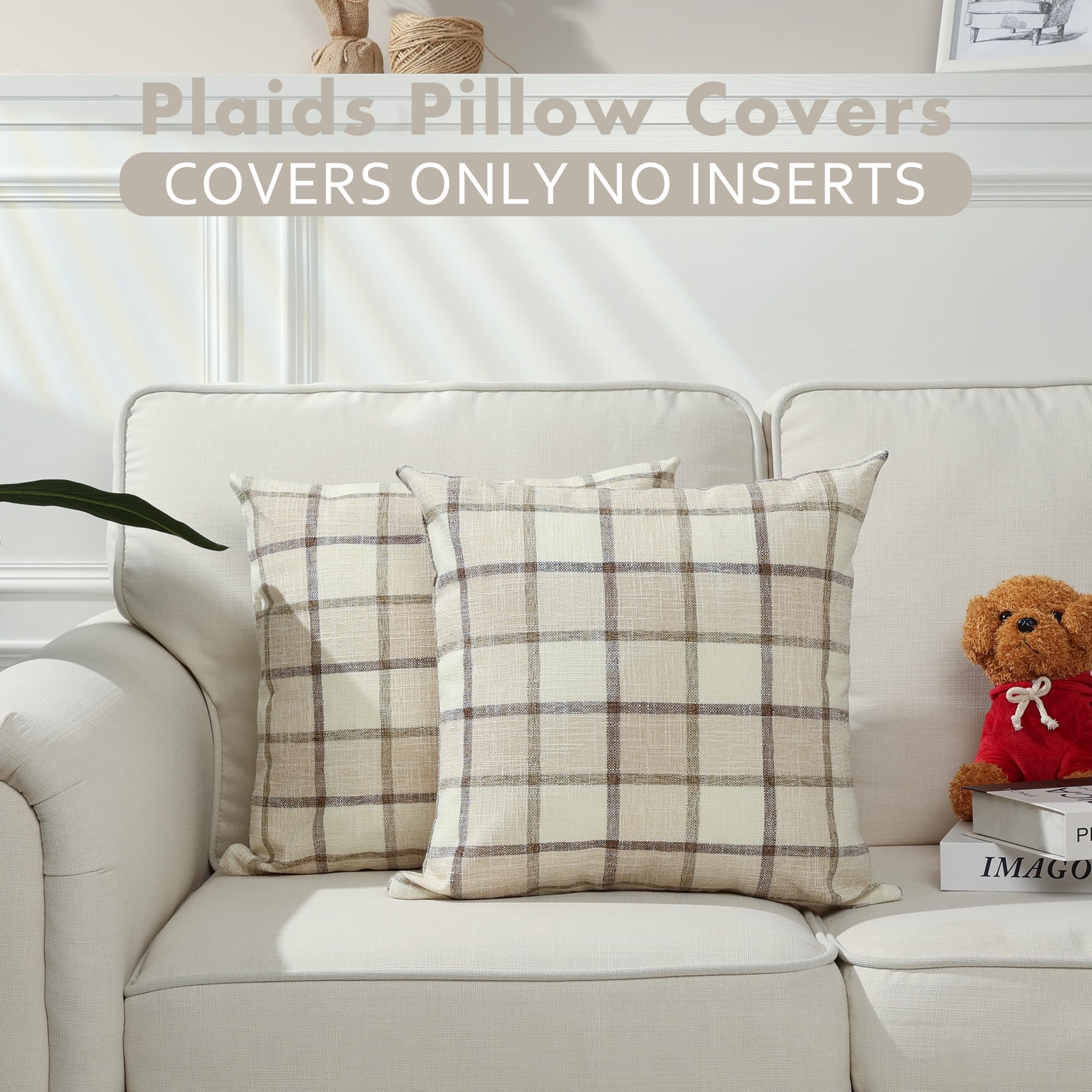 Stellhome Pack Of 2 Linen Buffalo Check Decorative Fall Throw Pillow Covers, Autumn Farmhouse Plaid Cushion Covers Rustic Retro