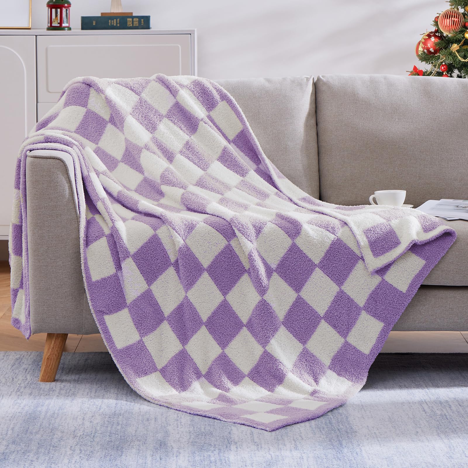 Wrensonge Checkered Throw Blanket, Purple Microfiber Soft Cozy Fluffy Warm Hand Made Throw Blankets For Couch, Sofa, Chair, Bed,