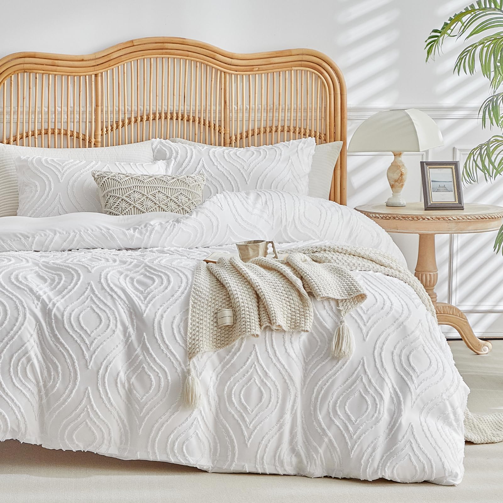 Lekesky White Duvet Cover Queen Size, Boho Tufted Textured Queen Duvet Cover Set 3Pcs Ultra Soft Microfiber Breathable Shabby Ch