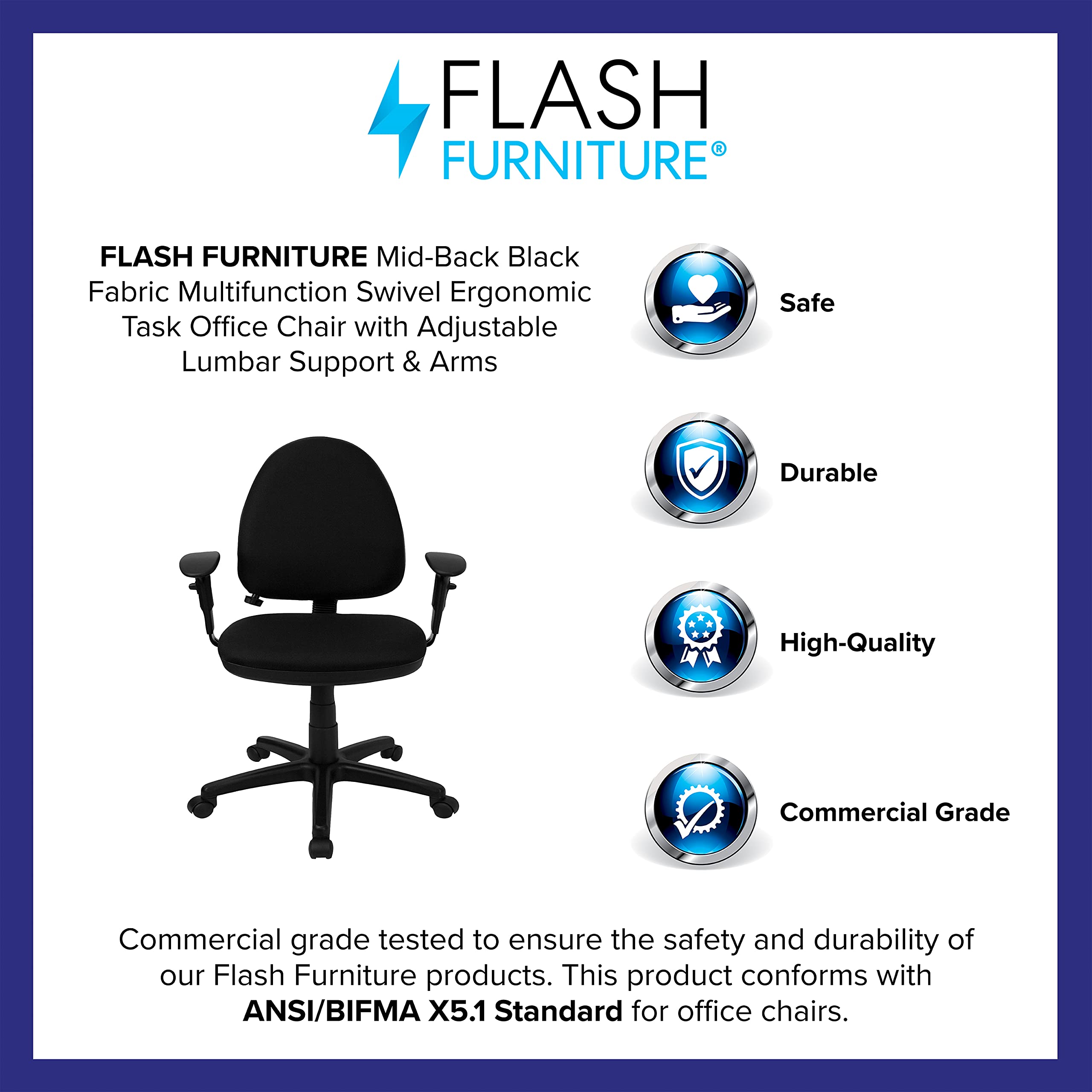 Flash Furniture Linus Mid-Back Black Fabric Multifunction Swivel Ergonomic Task Office Chair with Adjustable Lumbar Support & Arms