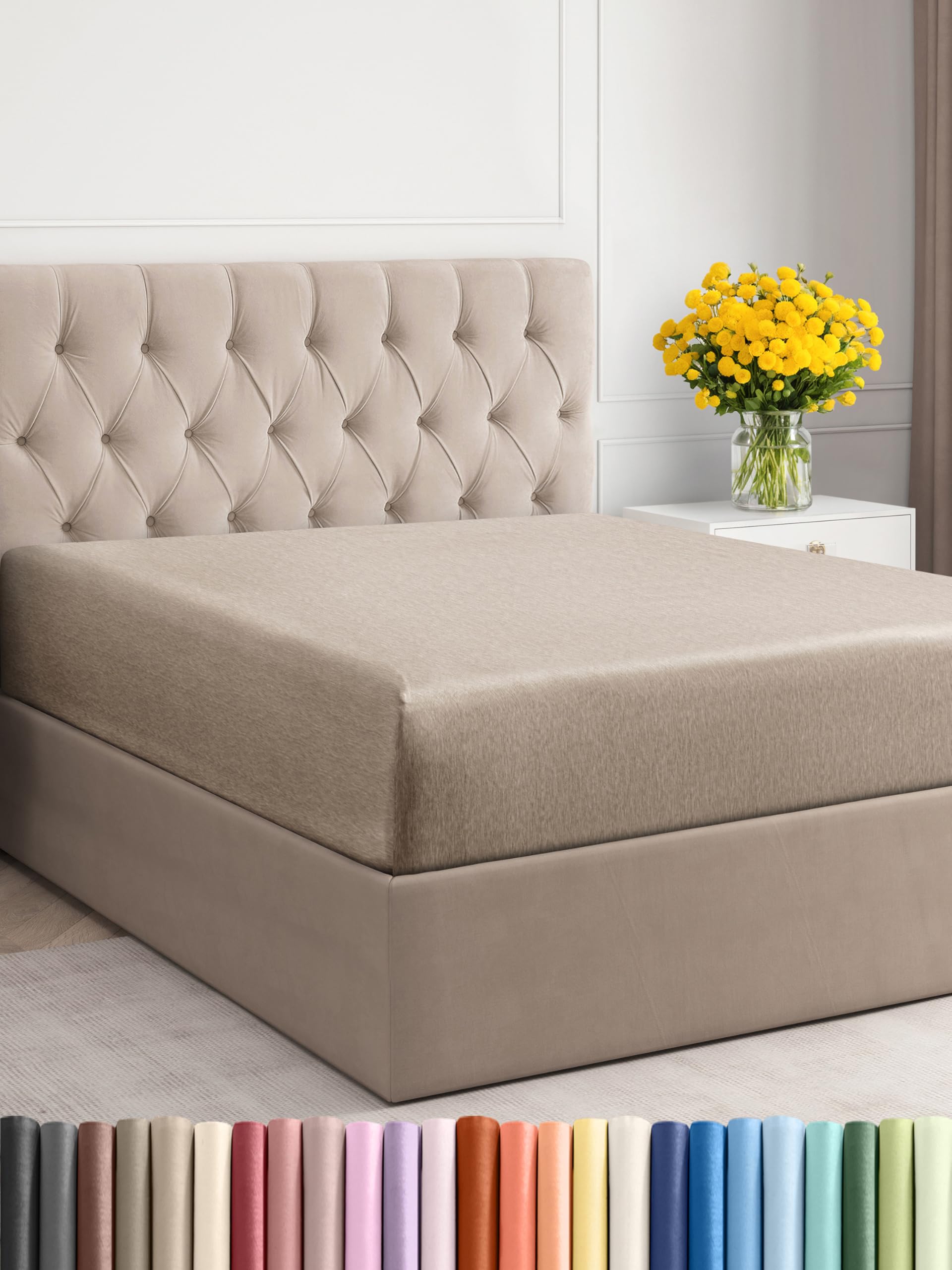 Twin Xl Size Fitted Bed Sheet - Hotel Luxury Single Fitted Bottom Sheet Only - Fits Mattress Between 8 To 16 Inches - Deep Pockets, Extra Soft And Wrinkle Free - Breathable & Cooling - Heathered Beige