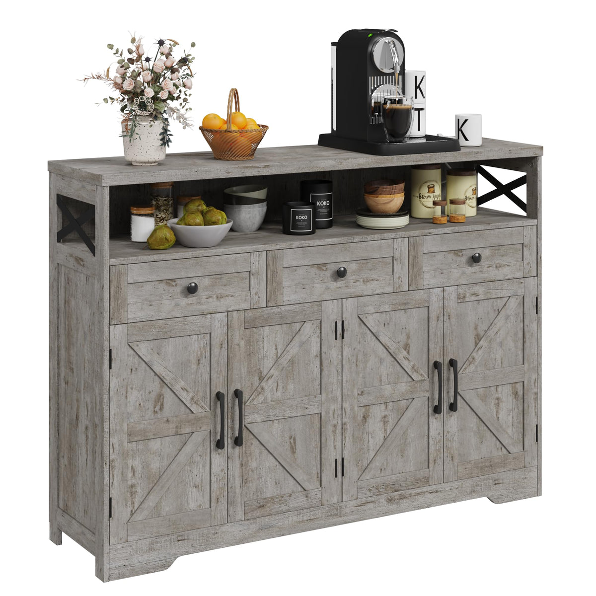 Befrases Farmhouse Buffet Cabinet With Drawers & Barn Doors, Sideboard With Storage, Kitchen Pantry Cabinet Hutch, Coffee Bar St