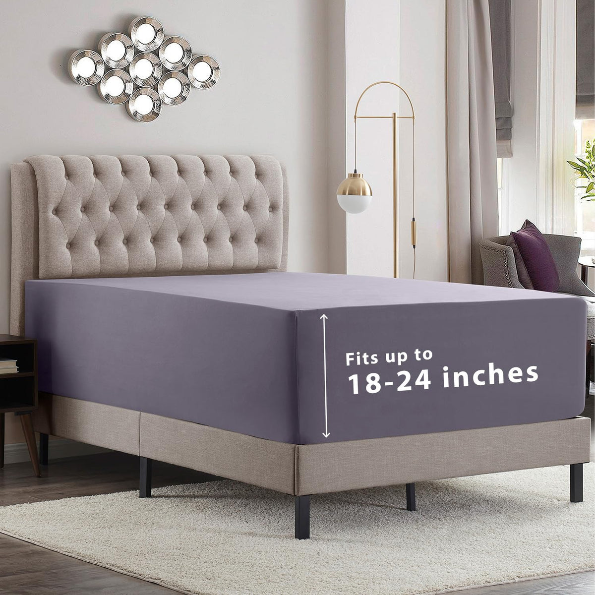 Empyrean Extra Deep Full Size Fitted Sheet With Deep Pocket, Soft Microfiber 110 Gsm, Corner Straps, Fits 18 To 24 Inch, Grayish