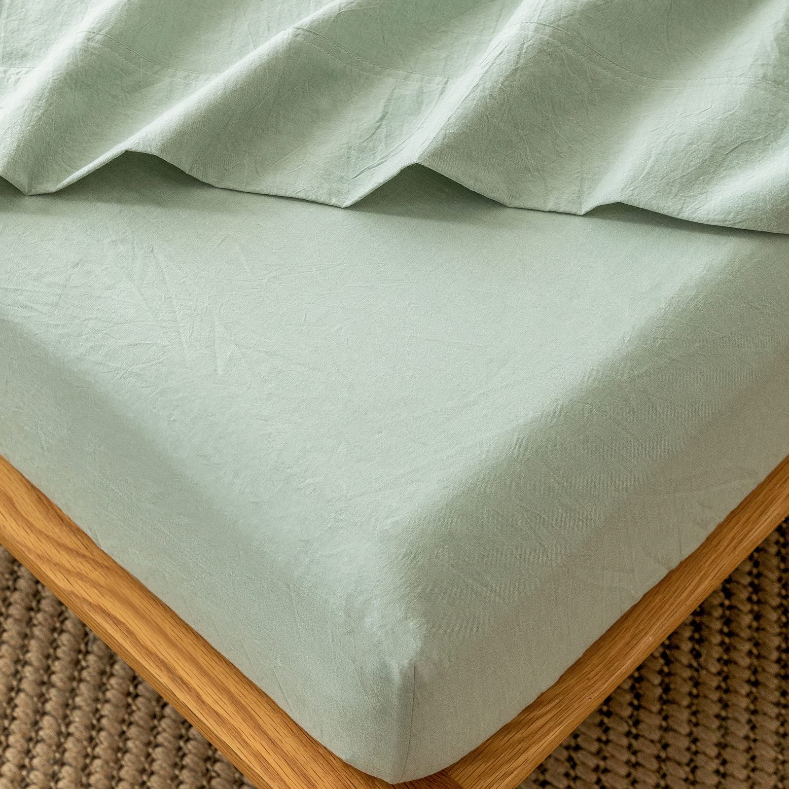 MooMee Fitted Bottom Sheet Only 100% Washed Cotton Linen Like Textured Breathable Durable Soft Comfy Deep Pocket Fits Mattress u