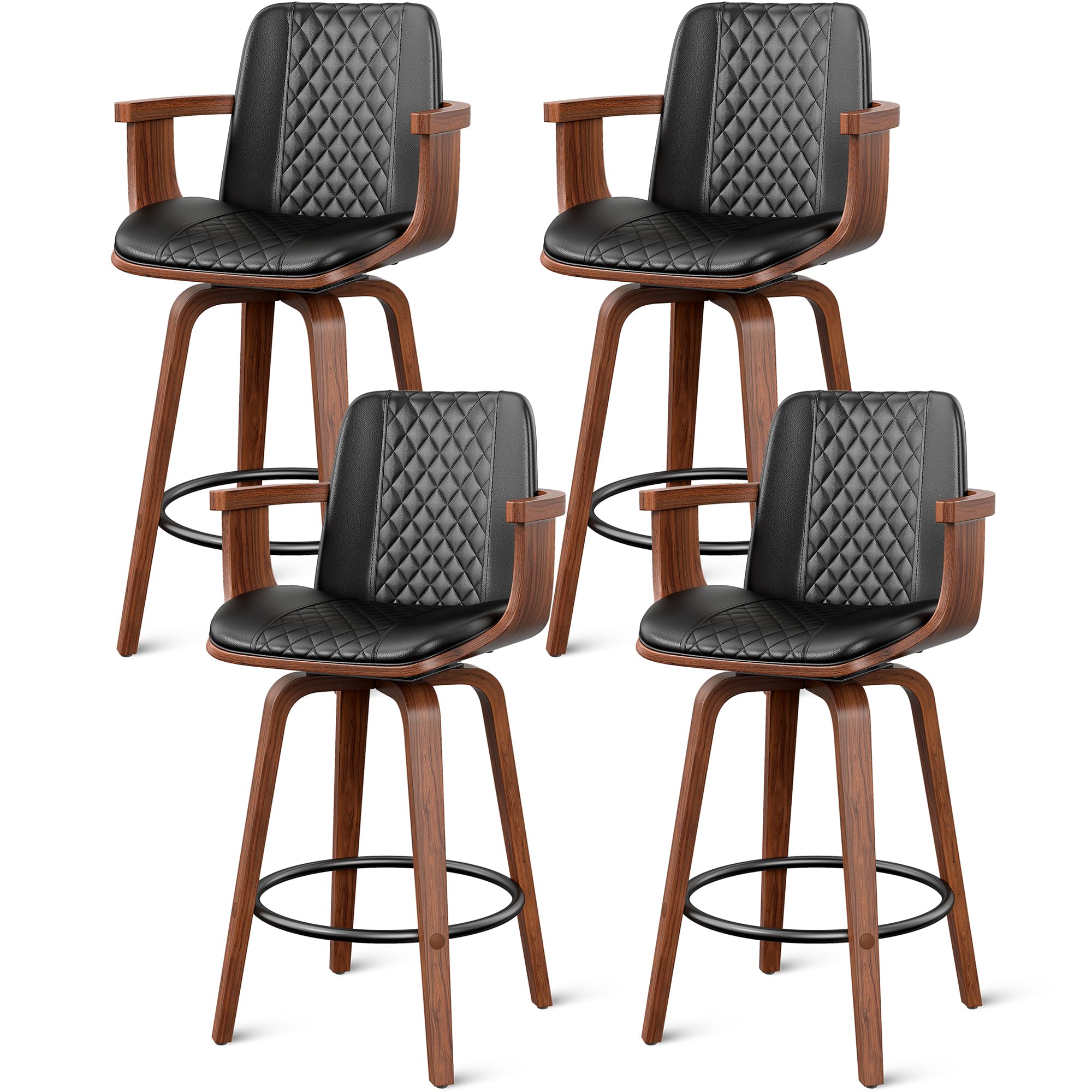 Yafiti Bar Stools With Arms Set Of 4, 26 Inch Bentwood Swivel Counter Height Bar Stools With Back And Wood Legs, Mid Century Mod