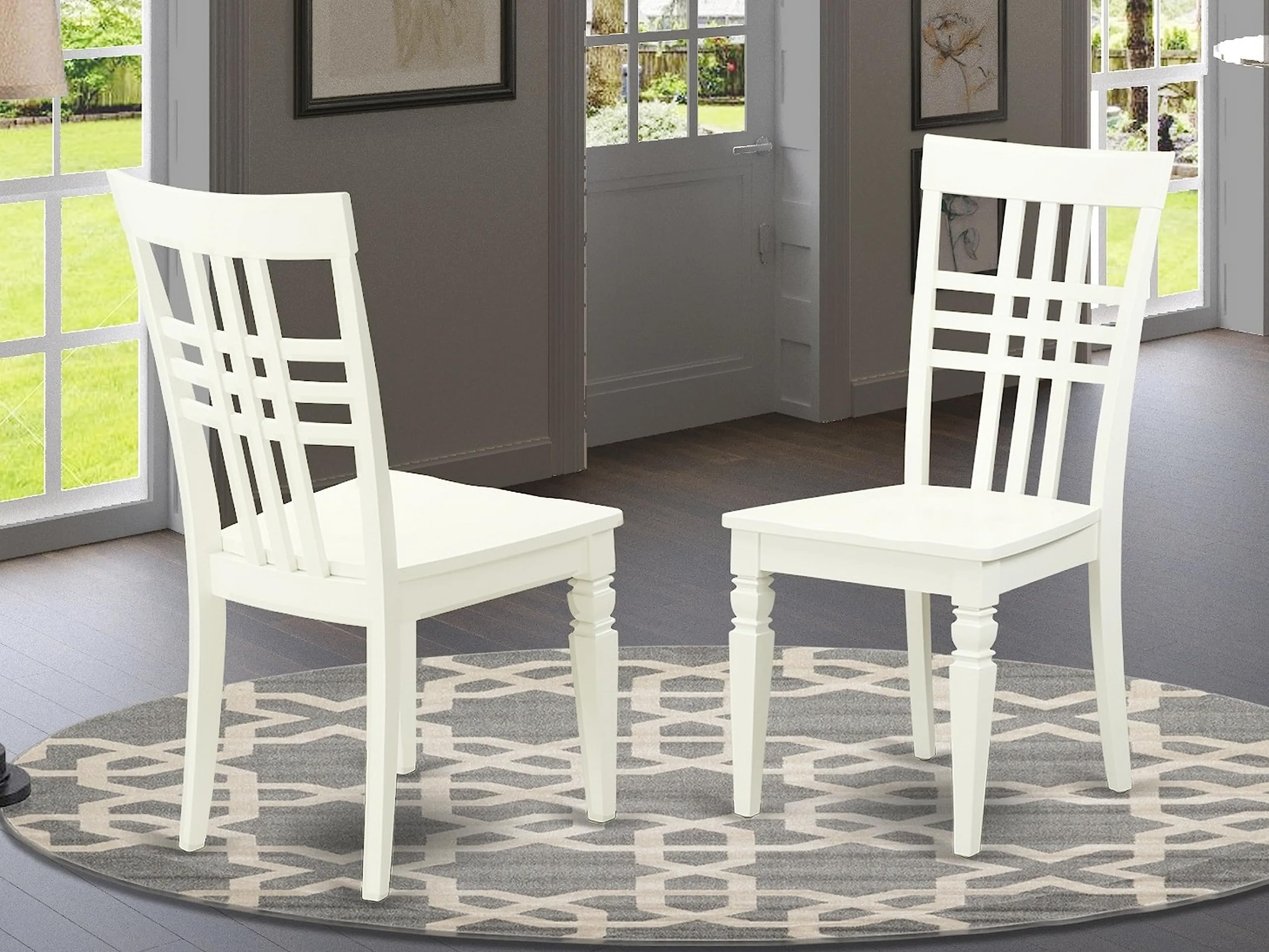 East West Furniture Logan Kitchen Dining Stylish Back Solid Wood Seat Chairs, Set of 2, Linen White
