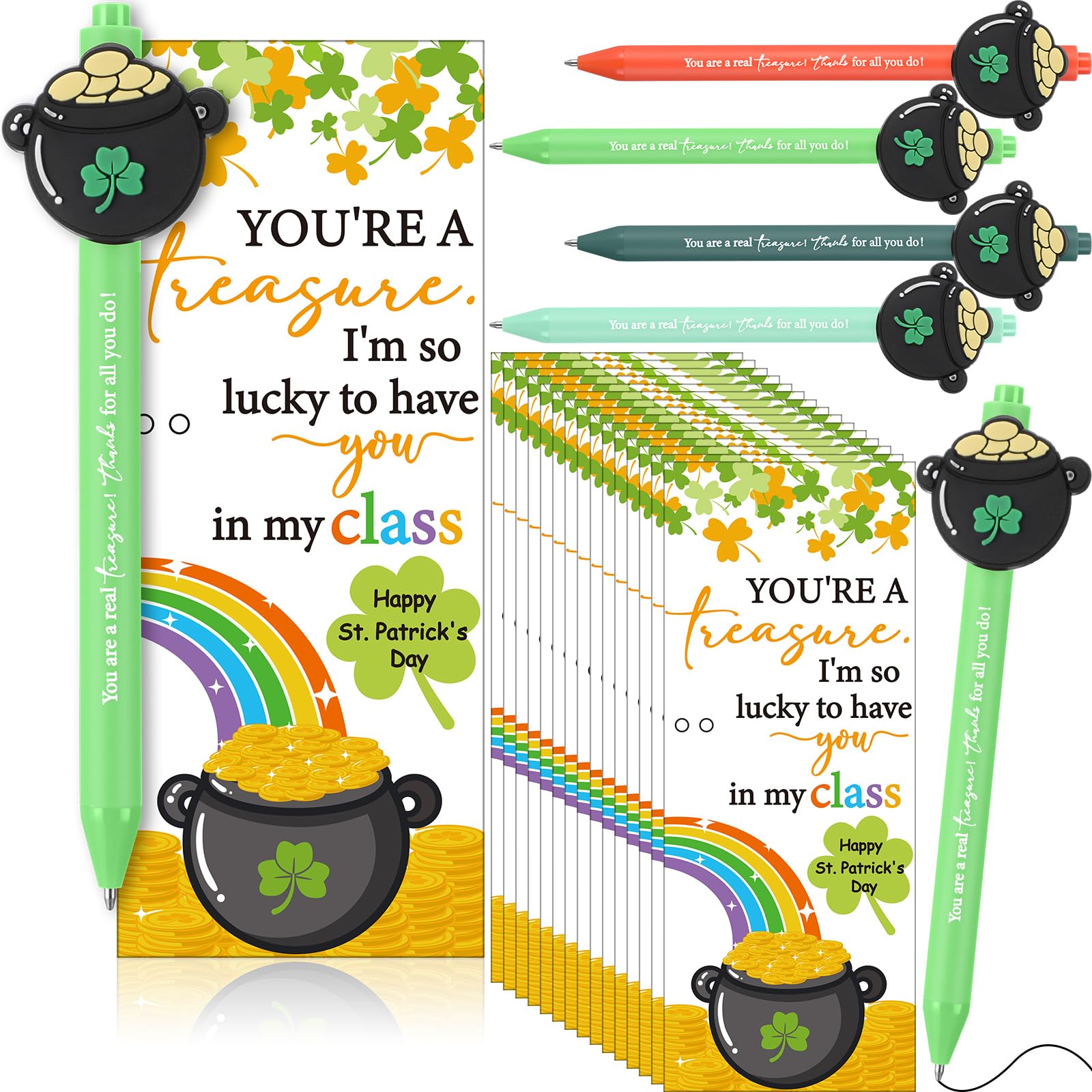 Sayglossy 24 Set St. Patrick'S Day Pens Gifts Bulk Students Appreciation Gifts Include Greeting Card With Tie And Treasure Pot B