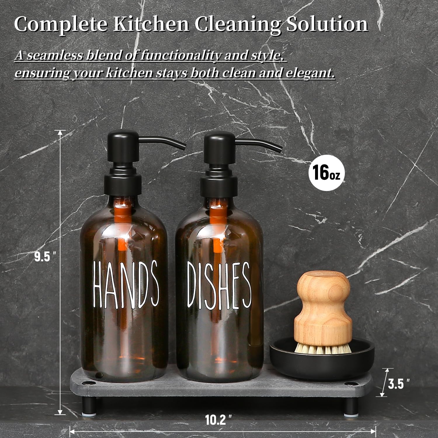 Momeemo Amber Glass Soap Dispenser Set Comes With Stainless Steel Pumps, Instant Dry Tray, And Dish Scrub Brush, Suitable For So