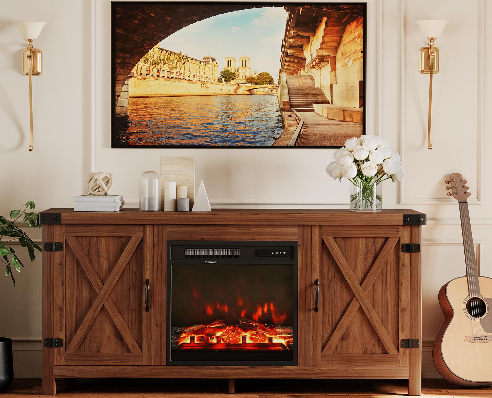 Jummico Fireplace Tv Stand, Farmhouse Entertainment Center With Fireplace And Shelves, Double Barn Doors Storage Cabinets For Tvs To 65+ Inch For Living Room (Pale Yellow)