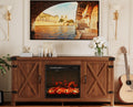 Jummico Fireplace Tv Stand, Farmhouse Entertainment Center With Fireplace And Shelves, Double Barn Doors Storage Cabinets For Tvs To 65+ Inch For Living Room (Pale Yellow)