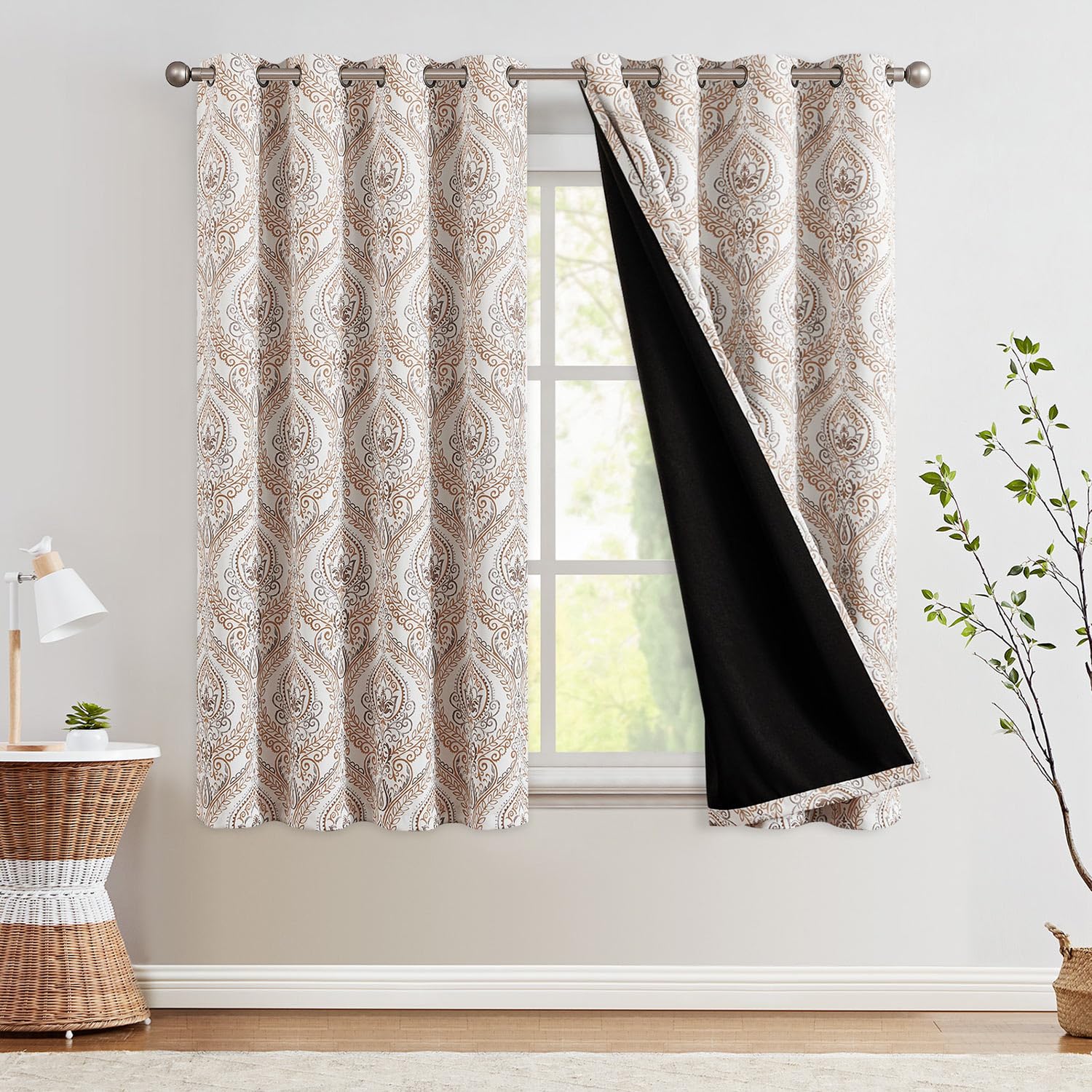 Jinchan 100% Blackout Curtains 72 Inch Length Brown Damask Medallion Window Curtains For Bedroom Grommet Thermal Insulated Drapes For Living Room Vintage Luxury Window Treatments Set 2 Panels