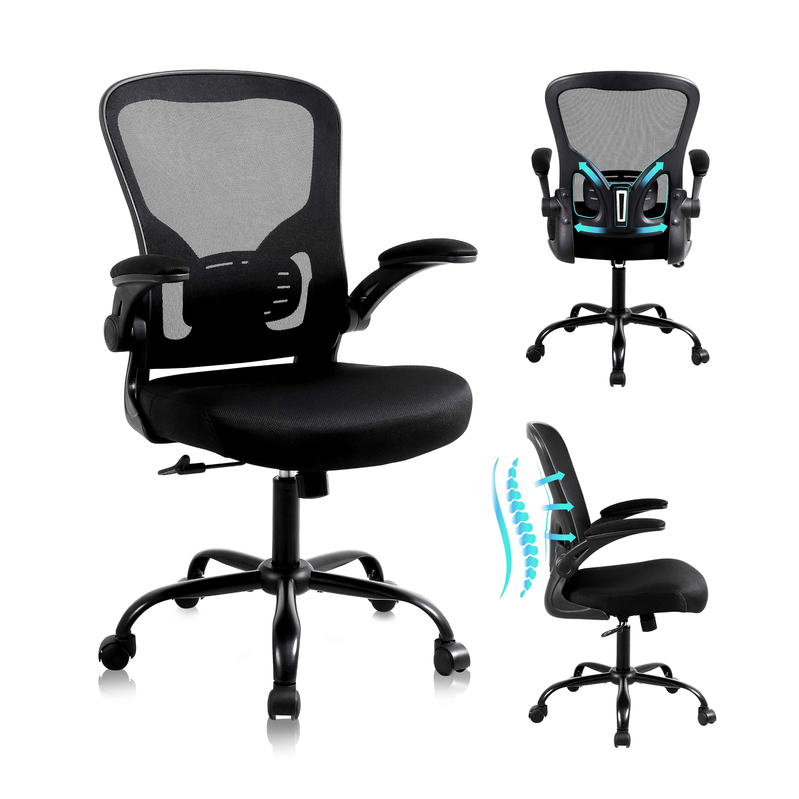 Flysky Mesh Office Chair, Ergonomic Computer Desk Chairs for Home Office - with Comfy/Comfortable Flip-up Arm Rests, Lumbar Supp