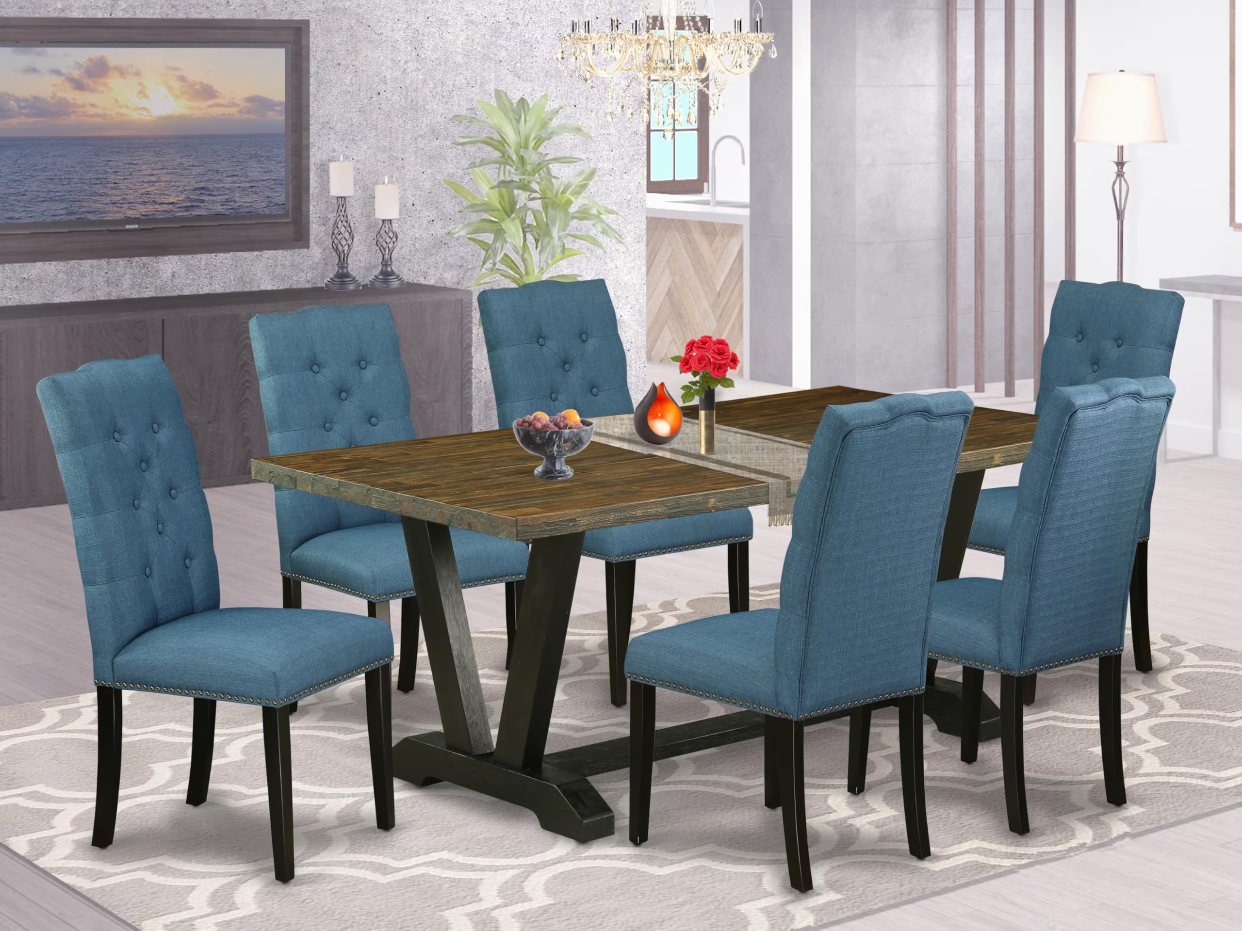 East West Furniture V677El121-7 7 Piece Modern Dining Table Set Consist Of A Rectangle Wooden Table With V-Legs And 6 Blue Linen Fabric Parson Dining Chairs, 40X72 Inch, Multi-Color
