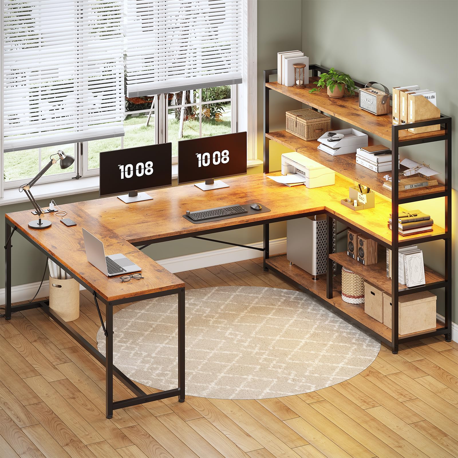 SEDETA L Shaped Desk with Storage Shelves, 63    Reversible U Shaped Office Desk, Gaming Desk with Power Outlet and LED Lights f