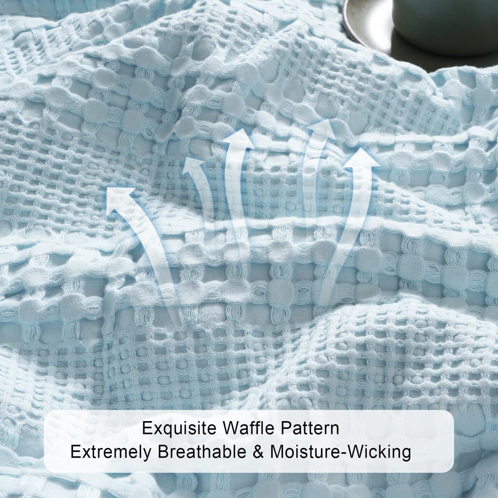 Phf Cooling Waffle Blanket King Size, Lightweight 60% Rayon Derived From Bamboo & 40% Cotton Breathable Blanket For Hot Sleepers, Soft And Luxury For Bed Couch And Sofa,104'X90',Sky Blue